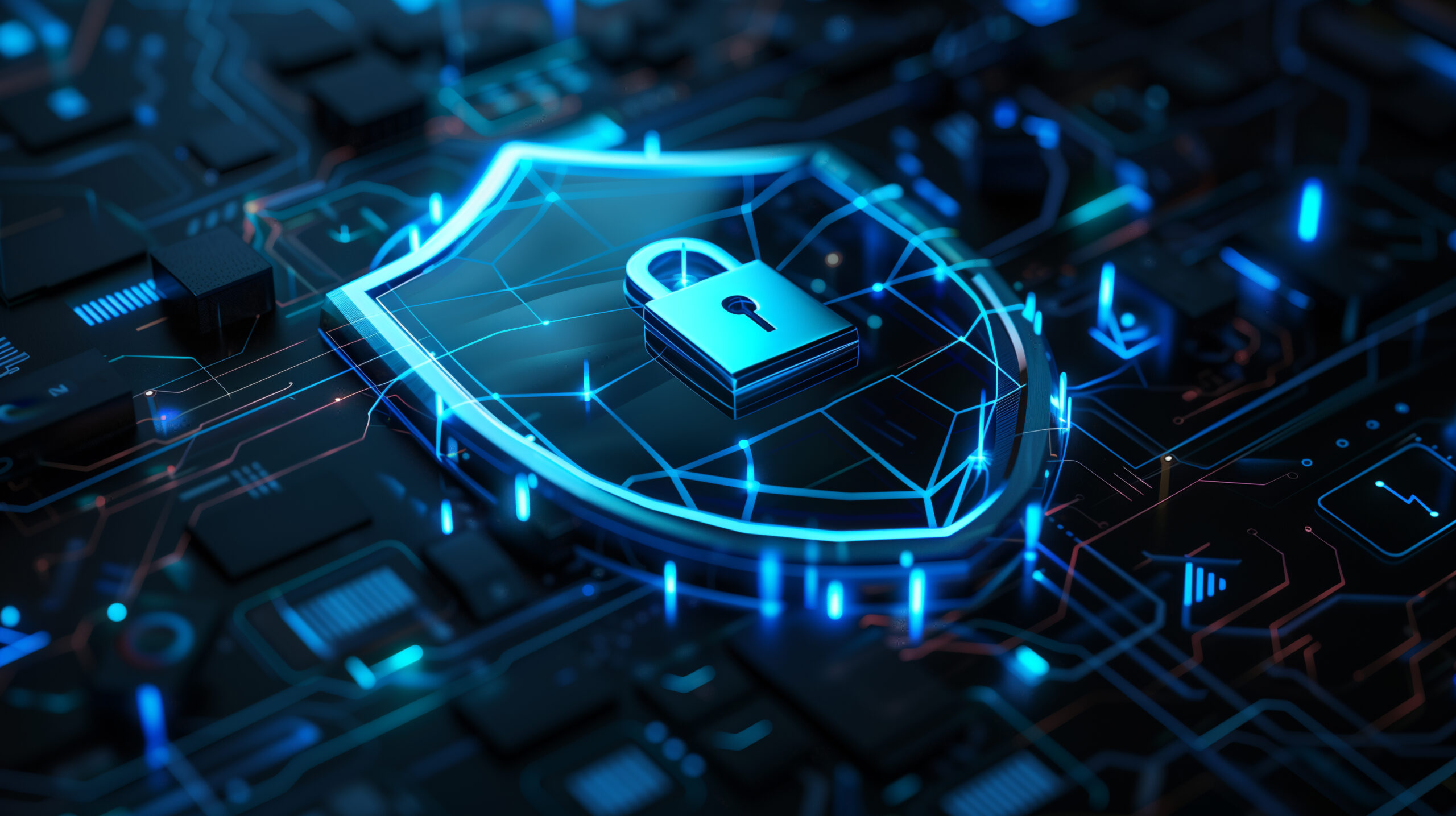 3D illustration of shield with lock and digital data network, blue color theme, isometric view, on dark background, concept for cyber security technology or online protection, detailed design, high resolution --ar 16:9 Job ID: fd295fbe-f95b-4c9b-a74c-1a67df883f9c