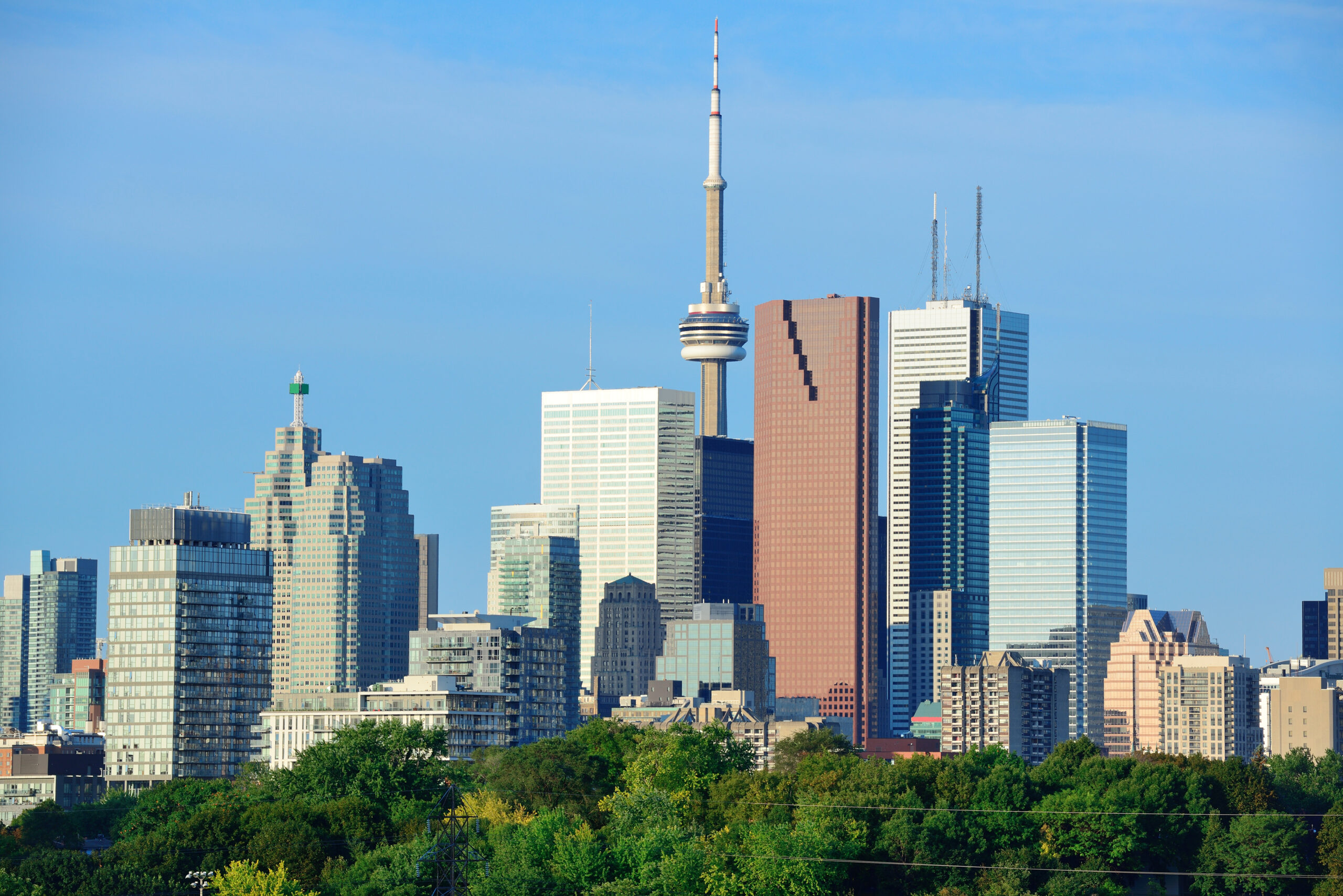 Toronto skyline over park with urban buildings and blue sky